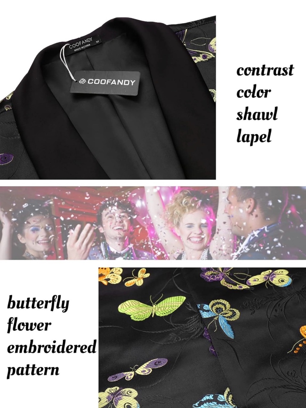 Men's Black Floral Butterfly Jacket - Elegant Tux Blazer - Picture 4 of 10